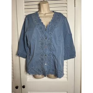 Lafei‎ Nier Bejweled embroidered chambray blouse XL NWT Scalloped neckline/hem